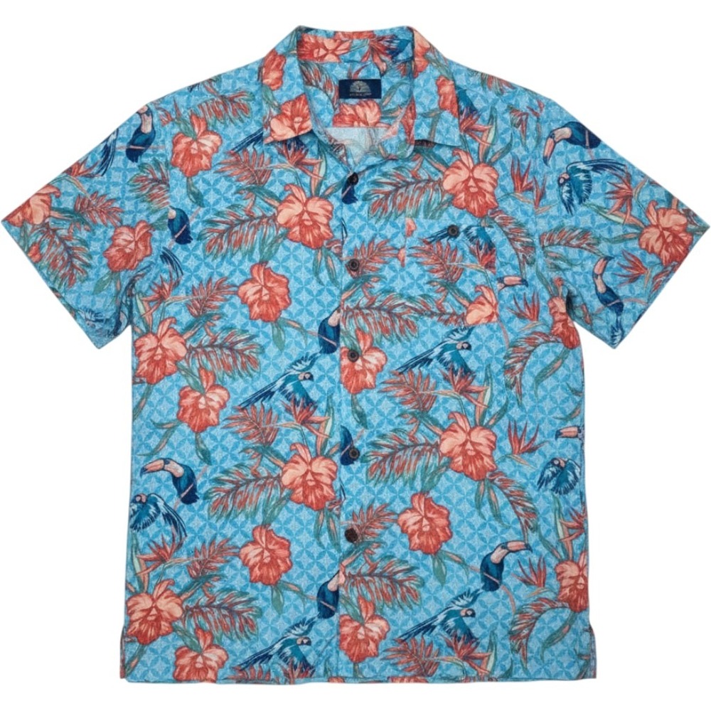Havana Jim Mens Blue Tropical Toucan Parrot Floral Rayon Aloha Camp Shirt M